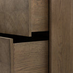 This media console’s simple frame showcases thick brown oak veneer with an oyster cut grid pattern on the door and drawer fronts. Minimalist metal pulls open to ample storage for living space essentials. Rear cutouts for cord management.As lovers of luxe style at Amethyst, we love the designer inspired Salta Media Console - Brown Oak Thick Veneer. Amethyst Home provides interior design, new home construction design consulting, vintage area rugs, and lighting in the Monterey metro area.