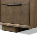 This media console’s simple frame showcases thick brown oak veneer with an oyster cut grid pattern on the door and drawer fronts. Minimalist metal pulls open to ample storage for living space essentials. Rear cutouts for cord management.As lovers of luxe style at Amethyst, we love the designer inspired Salta Media Console - Brown Oak Thick Veneer. Amethyst Home provides interior design, new home construction design consulting, vintage area rugs, and lighting in the Newport Beach metro area.