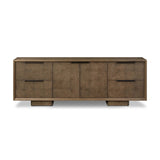 This media console’s simple frame showcases thick brown oak veneer with an oyster cut grid pattern on the door and drawer fronts. Minimalist metal pulls open to ample storage for living space essentials. Rear cutouts for cord management.As lovers of luxe style at Amethyst, we love the designer inspired Salta Media Console - Brown Oak Thick Veneer. Amethyst Home provides interior design, new home construction design consulting, vintage area rugs, and lighting in the Portland metro area.