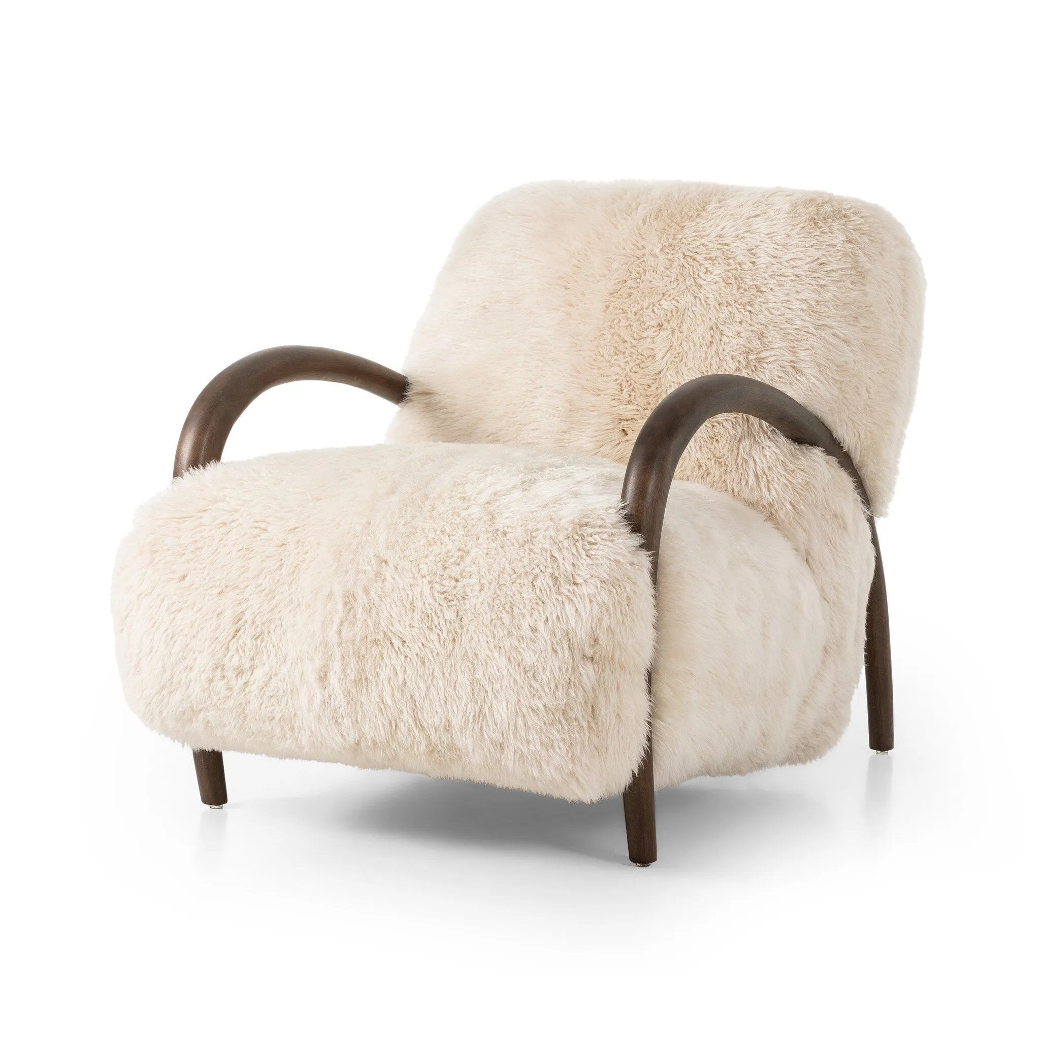 This versatile accent chair is upholstered in a faux Mongolian shearling with a textural high pile. A contrasting, chunky parawood frame hugs the seat and is wire-brushed for a warm, vintage feel Amethyst Home provides interior design, new home construction design consulting, vintage area rugs, and lighting in the Washington metro area.