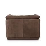 Inspired by 1970s brutalism, this urban swivel chair balances a rounded solid wood plinth with a curved seat deck and a relaxed, "wrinkled" upholstery design. Feather-blend cushions wrap the frame, finished with dramatic blind tufting for a hand-crafted, textural edge. Amethyst Home provides interior design, new home construction design consulting, vintage area rugs, and lighting in the Miami metro area.