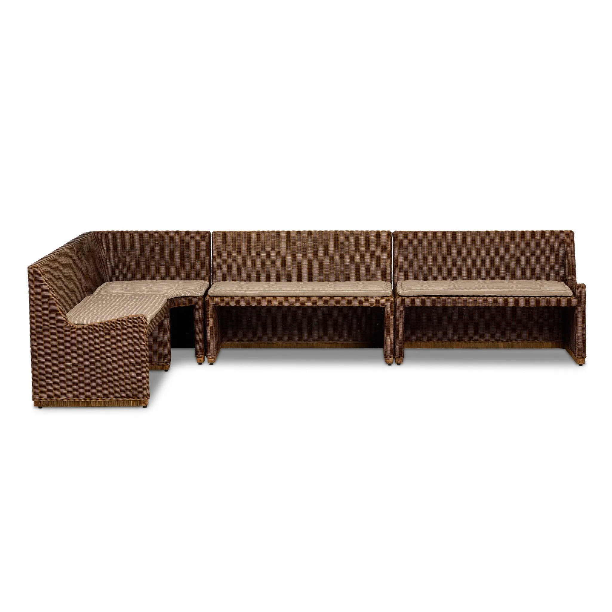 Antique-inspired coastal style. Rattan introduces varying natural shades and texture to this dining bench, and the frame's soft lines and beige and white striped fabric cushion invite a comfortable sit. Option to style alone or pair with other pieces in the collection. A design collaboration by Amber Lewis and Four Hands. Amethyst Home provides interior design, new home construction design consulting, vintage area rugs, and lighting in the Park City metro area.