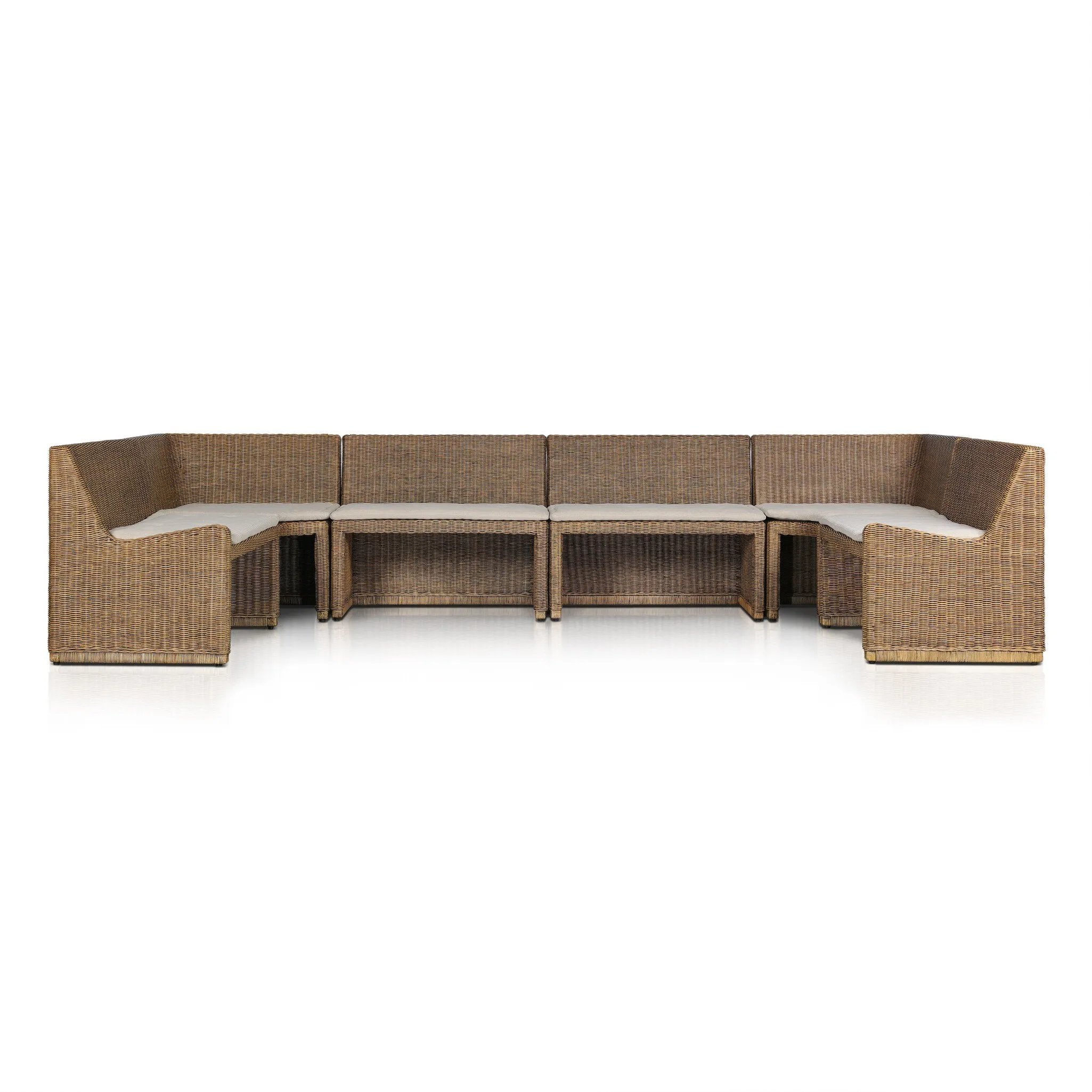 Antique-inspired coastal style. Rattan introduces varying natural shades and texture to this dining bench, and the frame's soft lines and fabric cushion invite a comfortable sit. Option to style alone or pair with other pieces in the collection. A design collaboration by Amber Lewis and Four Hands. Amethyst Home provides interior design, new home construction design consulting, vintage area rugs, and lighting in the Calabasas metro area.