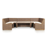 Antique-inspired coastal style. Rattan introduces varying natural shades and texture to this dining bench, and the frame's soft lines and fabric cushion invite a comfortable sit. Option to style alone or pair with other pieces in the collection. A design collaboration by Amber Lewis and Four Hands. Amethyst Home provides interior design, new home construction design consulting, vintage area rugs, and lighting in the San Diego metro area.