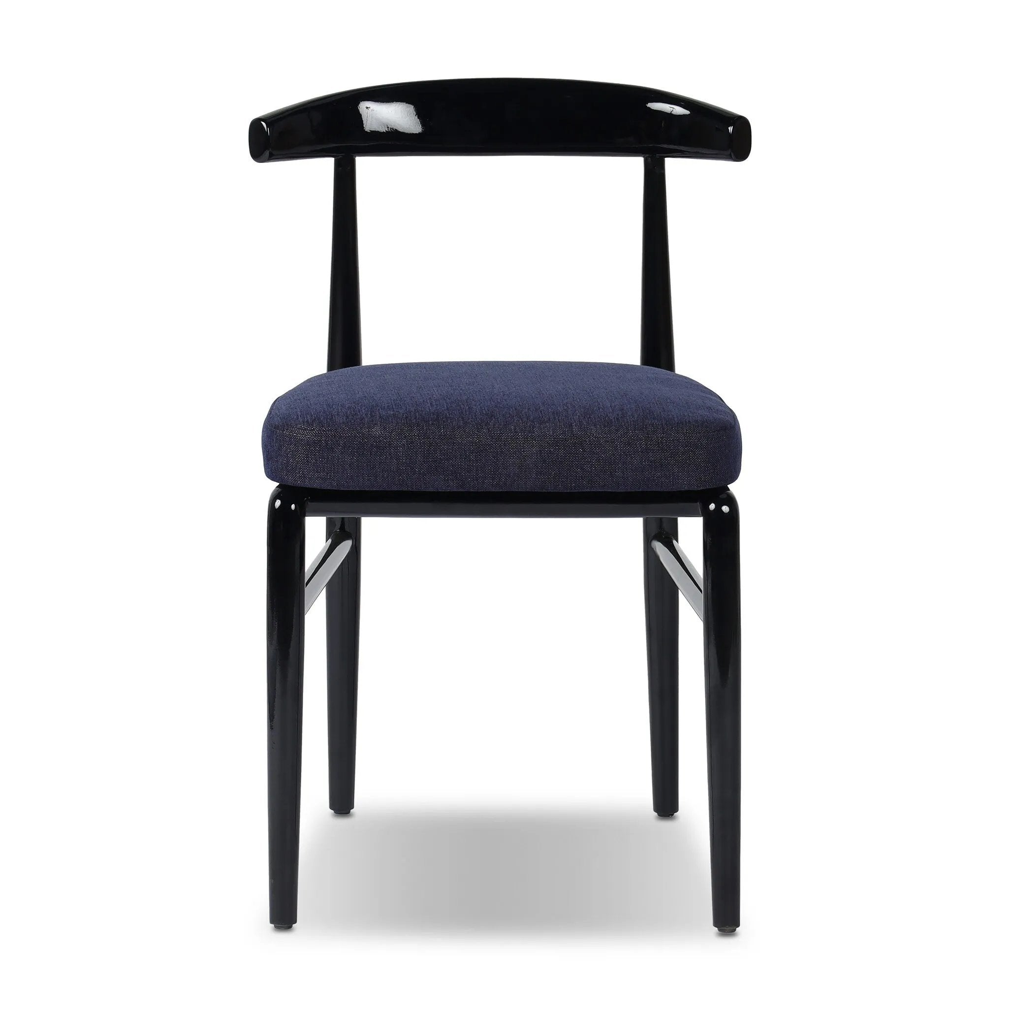 Echoing lacquered seating from another era, this glossy dining chair features mahogany construction, a timeless back, and royal blue upholstery Amethyst Home provides interior design, new home construction design consulting, vintage area rugs, and lighting in the Alpharetta metro area.