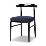 Echoing lacquered seating from another era, this glossy dining chair features mahogany construction, a timeless back, and royal blue upholstery Amethyst Home provides interior design, new home construction design consulting, vintage area rugs, and lighting in the Dallas metro area.