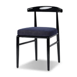 Echoing lacquered seating from another era, this glossy dining chair features mahogany construction, a timeless back, and royal blue upholstery Amethyst Home provides interior design, new home construction design consulting, vintage area rugs, and lighting in the Dallas metro area.