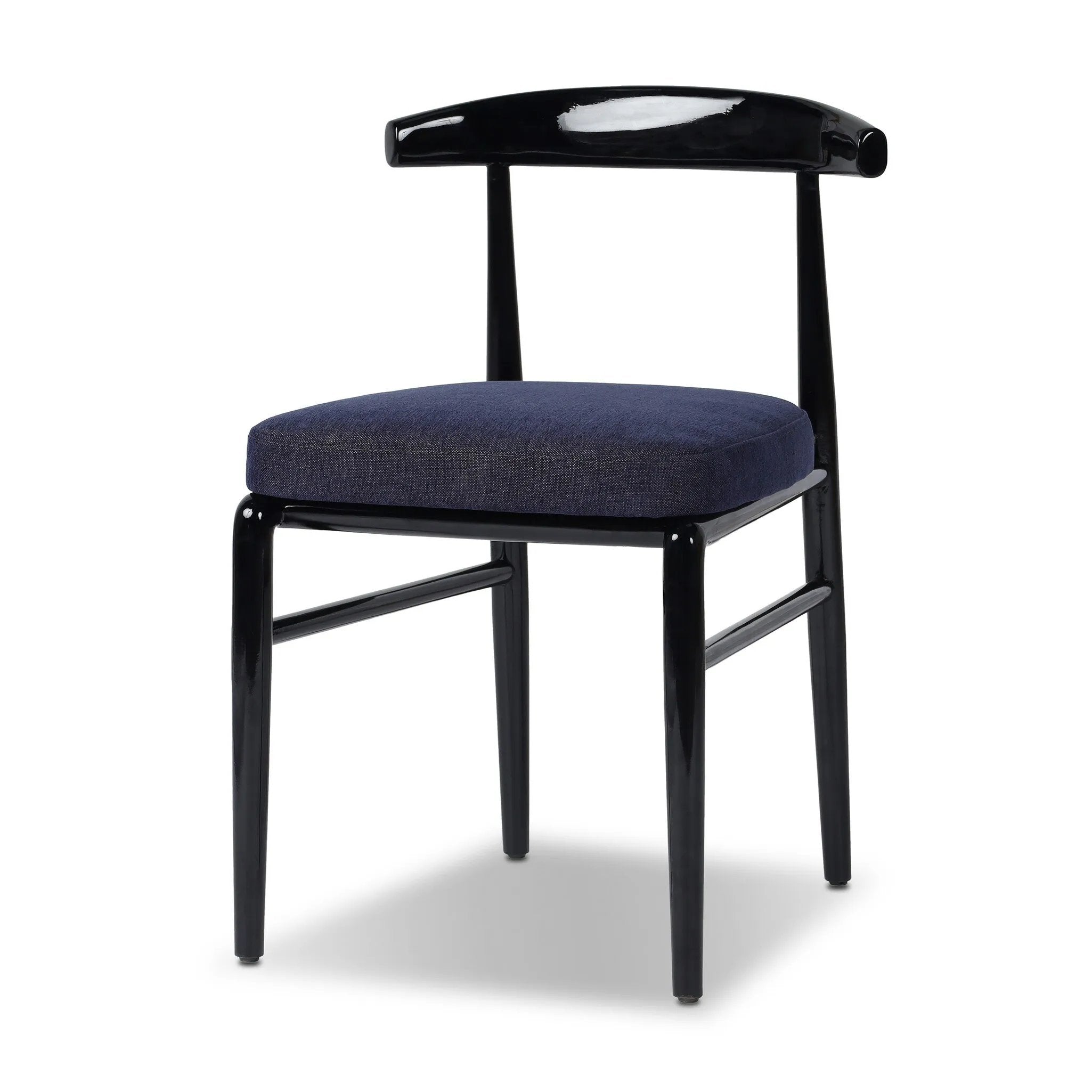 Echoing lacquered seating from another era, this glossy dining chair features mahogany construction, a timeless back, and royal blue upholstery Amethyst Home provides interior design, new home construction design consulting, vintage area rugs, and lighting in the Dallas metro area.