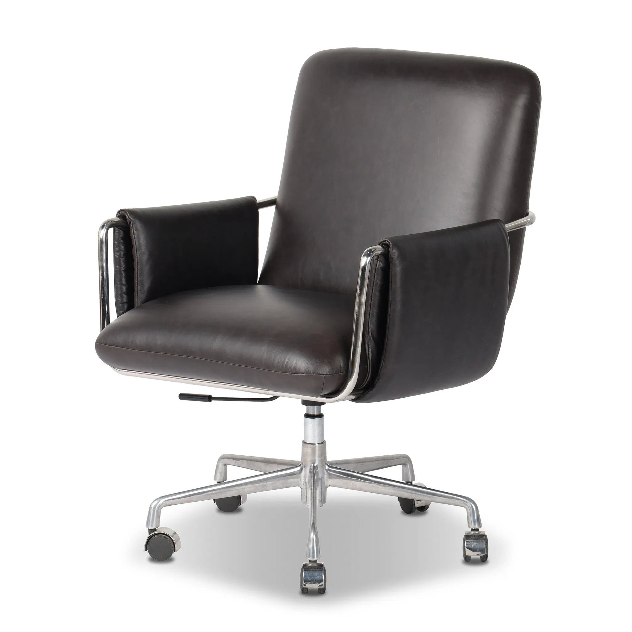 Shiny stainless steel frames Four Hands-exclusive top-leather cushioning for a balance of comfort and edge. Overfilled for a relaxed sit, a cushioned seat and back keep things supportive. Adjustable height and smooth 360-swivel bring ease to your workspace Amethyst Home provides interior design, new home construction design consulting, vintage area rugs, and lighting in the Austin metro area.