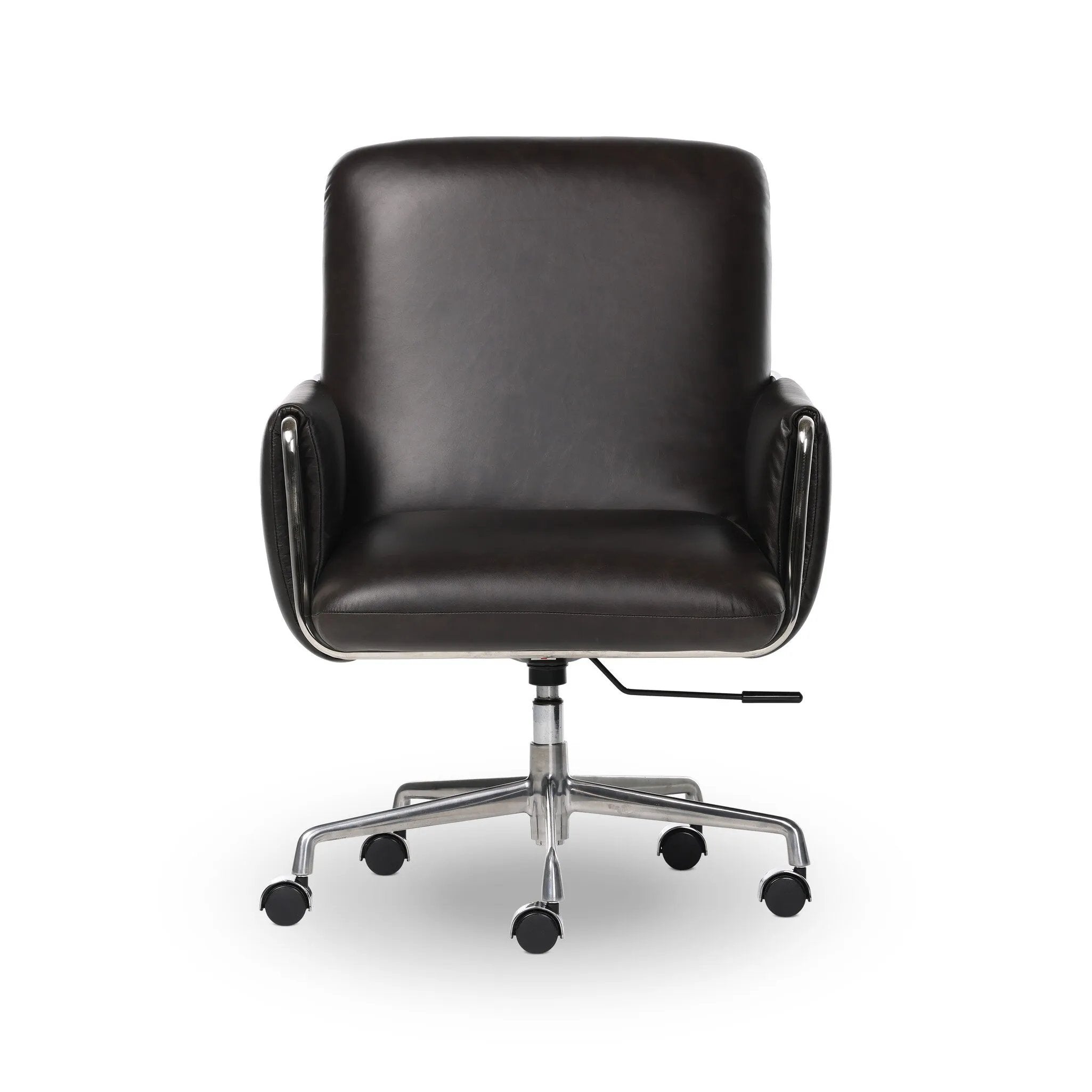 Shiny stainless steel frames Four Hands-exclusive top-leather cushioning for a balance of comfort and edge. Overfilled for a relaxed sit, a cushioned seat and back keep things supportive. Adjustable height and smooth 360-swivel bring ease to your workspace Amethyst Home provides interior design, new home construction design consulting, vintage area rugs, and lighting in the Winter Garden metro area.