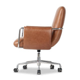 Shiny stainless steel frames tan top-grain leather cushioning for a balance of comfort and edge. Overfilled for a relaxed sit, the cushioned seat and back keep things supportive. Adjustable height and smooth 360-swivel bring ease to your workspace Amethyst Home provides interior design, new home construction design consulting, vintage area rugs, and lighting in the Houston metro area.