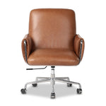 Shiny stainless steel frames tan top-grain leather cushioning for a balance of comfort and edge. Overfilled for a relaxed sit, the cushioned seat and back keep things supportive. Adjustable height and smooth 360-swivel bring ease to your workspace Amethyst Home provides interior design, new home construction design consulting, vintage area rugs, and lighting in the Tampa metro area.