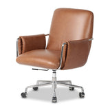 Shiny stainless steel frames tan top-grain leather cushioning for a balance of comfort and edge. Overfilled for a relaxed sit, the cushioned seat and back keep things supportive. Adjustable height and smooth 360-swivel bring ease to your workspace Amethyst Home provides interior design, new home construction design consulting, vintage area rugs, and lighting in the Washington metro area.