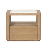 Bring bonus storage and a light look to the living space. Made from sandy oak and clear tempered glass with a single drawer, shelving beneath the glass doubles as a shadowbox or an extra display surface.As lovers of clean materials at Amethyst, we love the designer inspired Shiloh End Table - Tempered Glass. Amethyst Home provides interior design, new home construction design consulting, vintage area rugs, and lighting in the Monterey metro area.