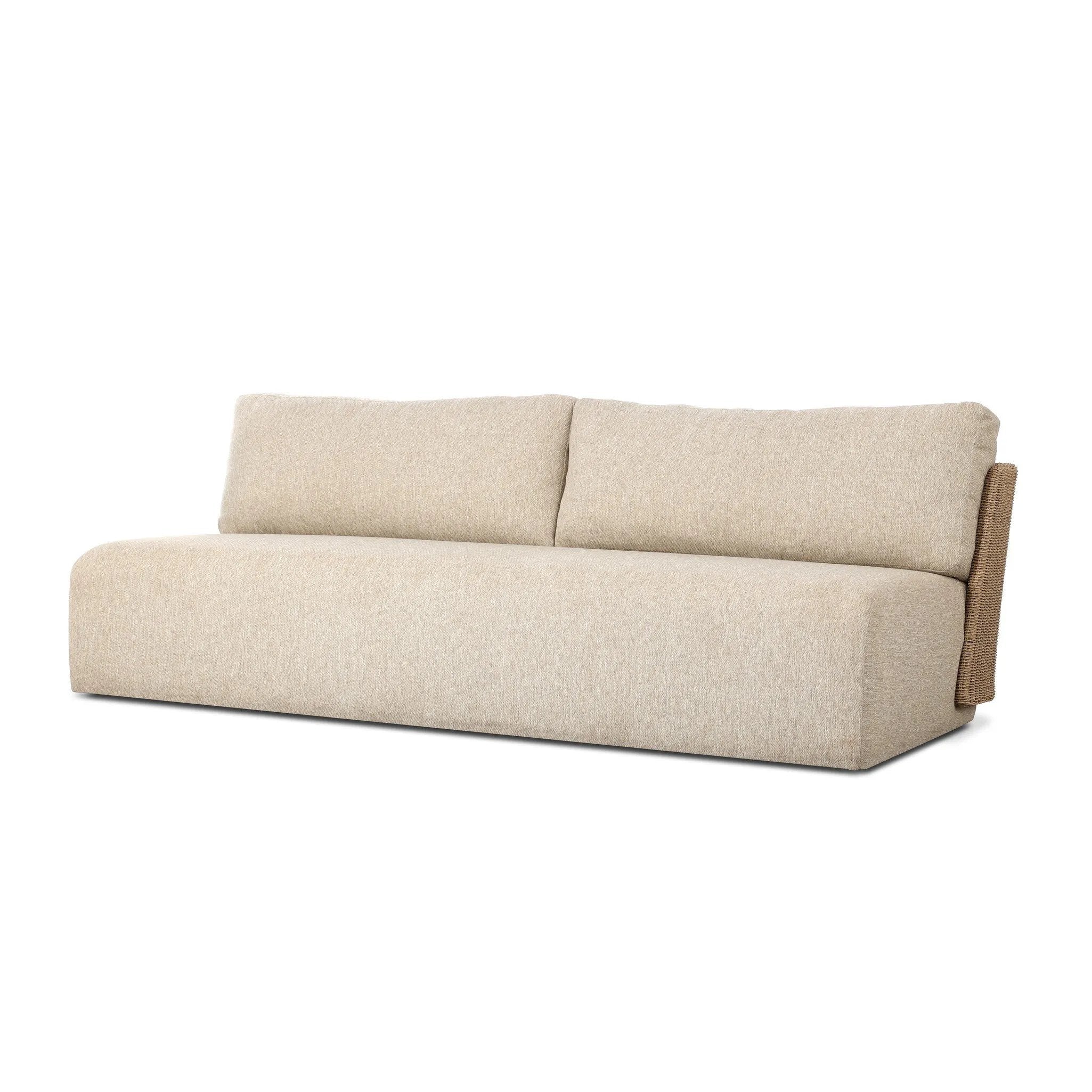 Boldly woven. This modern boxy outdoor sofa takes an angular, inflated silhouette and accents it with a woven back that peeks around a fully cushioned seat. Cover or store indoors during inclement weather and when not in use Amethyst Home provides interior design, new home construction design consulting, vintage area rugs, and lighting in the Laguna Beach metro area.