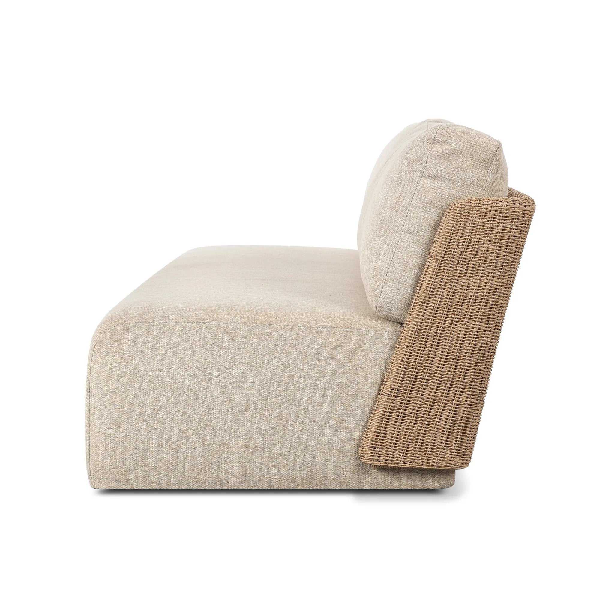 Boldly woven. This modern boxy outdoor sofa takes an angular, inflated silhouette and accents it with a woven back that peeks around a fully cushioned seat. Cover or store indoors during inclement weather and when not in use Amethyst Home provides interior design, new home construction design consulting, vintage area rugs, and lighting in the Miami metro area.