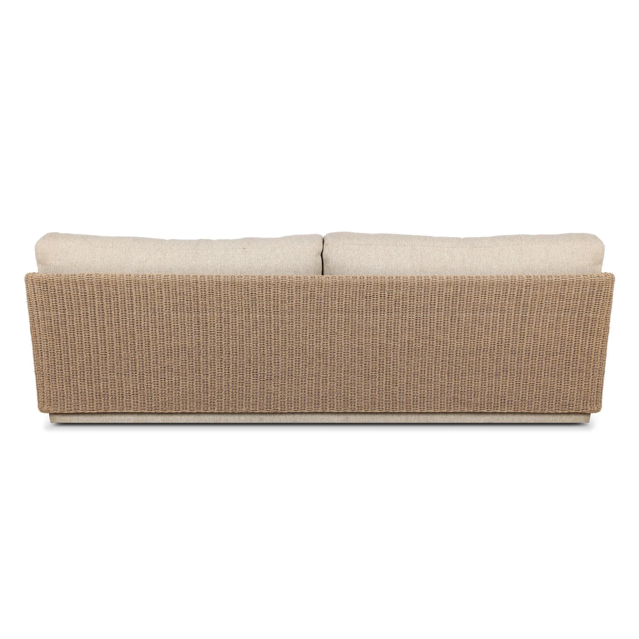 Boldly woven. This modern boxy outdoor sofa takes an angular, inflated silhouette and accents it with a woven back that peeks around a fully cushioned seat. Cover or store indoors during inclement weather and when not in use Amethyst Home provides interior design, new home construction design consulting, vintage area rugs, and lighting in the Scottsdale metro area.