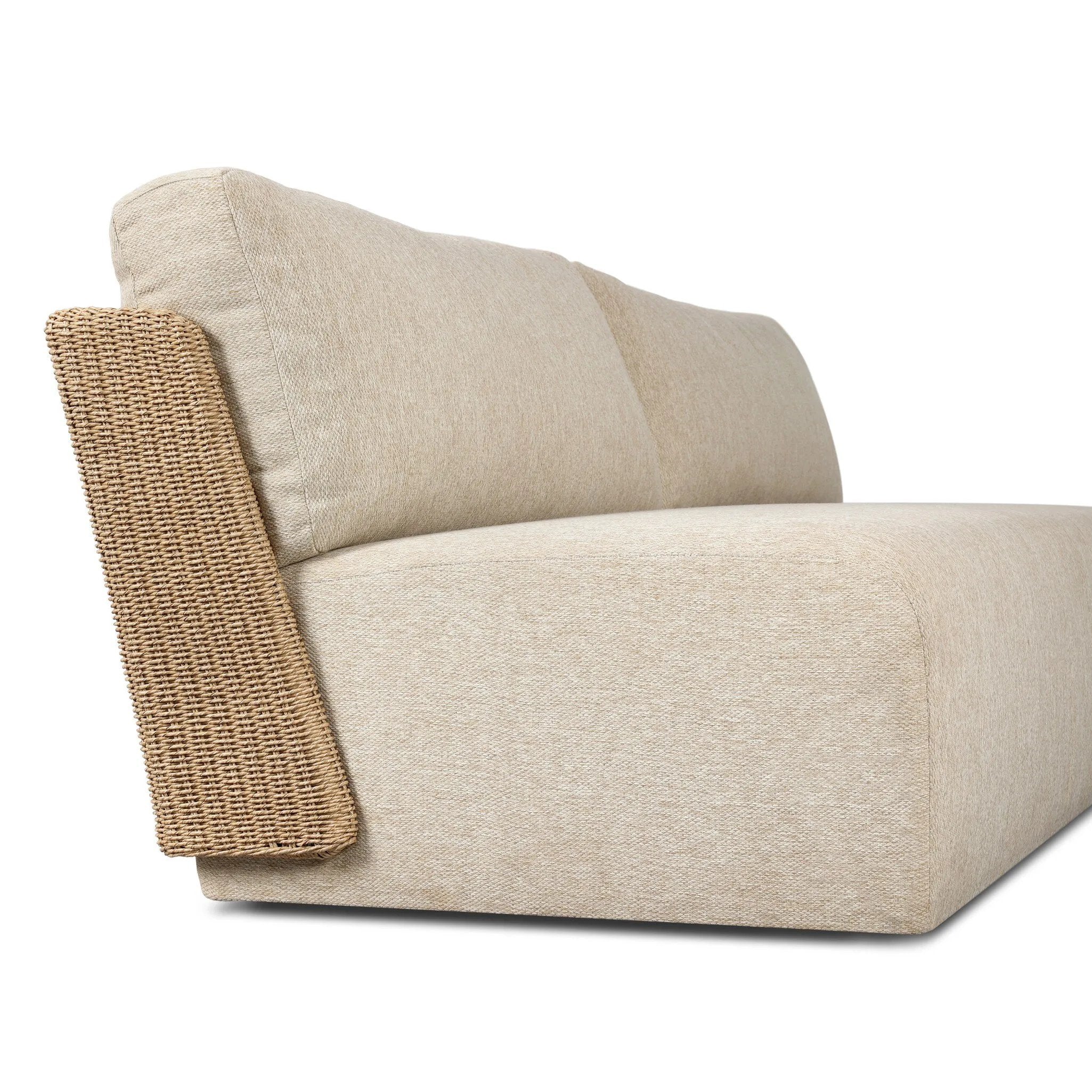 Boldly woven. This modern boxy outdoor sofa takes an angular, inflated silhouette and accents it with a woven back that peeks around a fully cushioned seat. Cover or store indoors during inclement weather and when not in use Amethyst Home provides interior design, new home construction design consulting, vintage area rugs, and lighting in the Seattle metro area.
