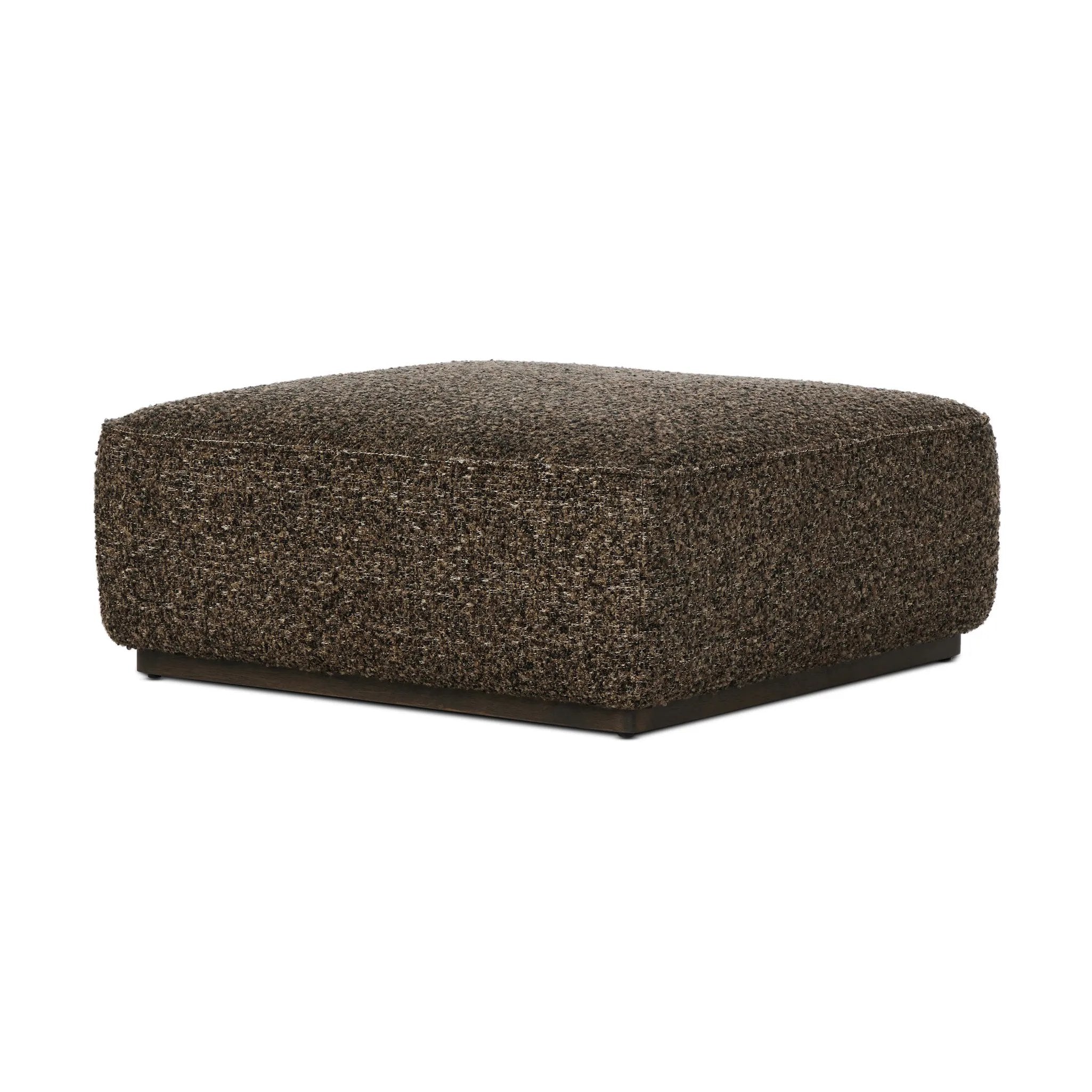 Upholstered in a granite flax/linen blend and paired with a deep brown base, this 36" square ottoman can be placed just about anywhere – bringing with it a retro vibe Amethyst Home provides interior design, new home construction design consulting, vintage area rugs, and lighting in the Omaha metro area.