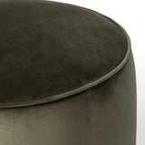 Upholstered in a deep olive velvet and paired with a rich brown base, this rounded ottoman can be placed just about anywhere. Light, versatile color can move between spaces and style with ease Amethyst Home provides interior design, new home construction design consulting, vintage area rugs, and lighting in the Miami metro area.