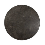 Mixed materials make for great drama. A cone-tapered base of dark oak supports a rounded tabletop of solid bluestone, with oak banding on the edges for thoughtful contrast Amethyst Home provides interior design, new home construction design consulting, vintage area rugs, and lighting in the Park City metro area.