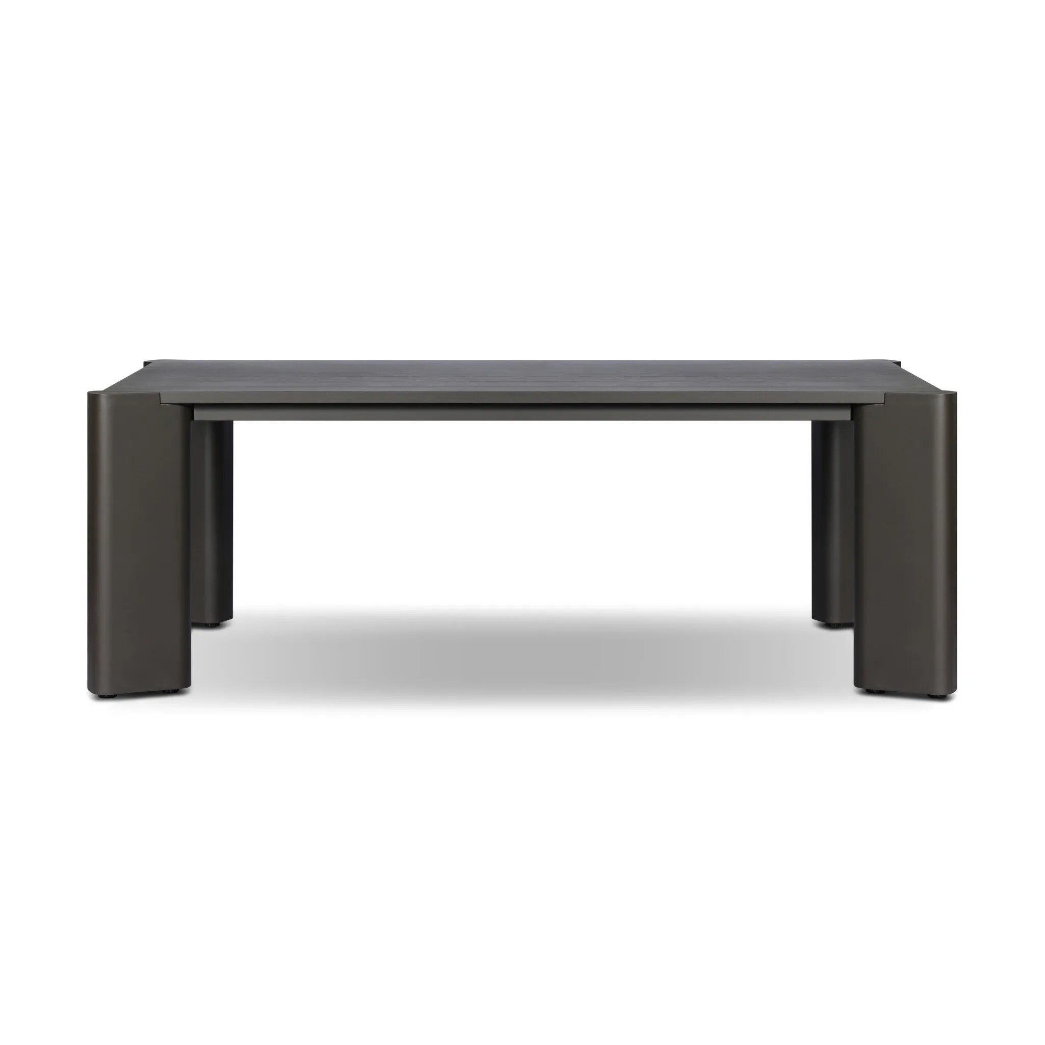 A Parsons-style outdoor dining table is defined by heavy proportions and angled, over-scaled legs. Crafted from bronze finished metal for a material statement. Cover or store indoors during inclement weather and when not in use.As lovers of wabi sabi materials at Amethyst, we love the nature inspired Soho Outdoor Metal Dining Table 86". Amethyst Home provides interior design, new home construction design consulting, vintage area rugs, and lighting in the Austin metro area.