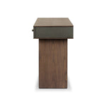 Warm, timeless woods pair with painted linen drawers fronts lacquered in a dark green, for a updated bohemian look. Complete with three drawers for media needs and more.As enthusiasts of modern style at Amethyst, we love the optimistic inspired Soloman Console Table - Stained Saddle Brown Sungkai Veneer. Amethyst Home provides interior design, new home construction design consulting, vintage area rugs, and lighting in the Alpharetta metro area.