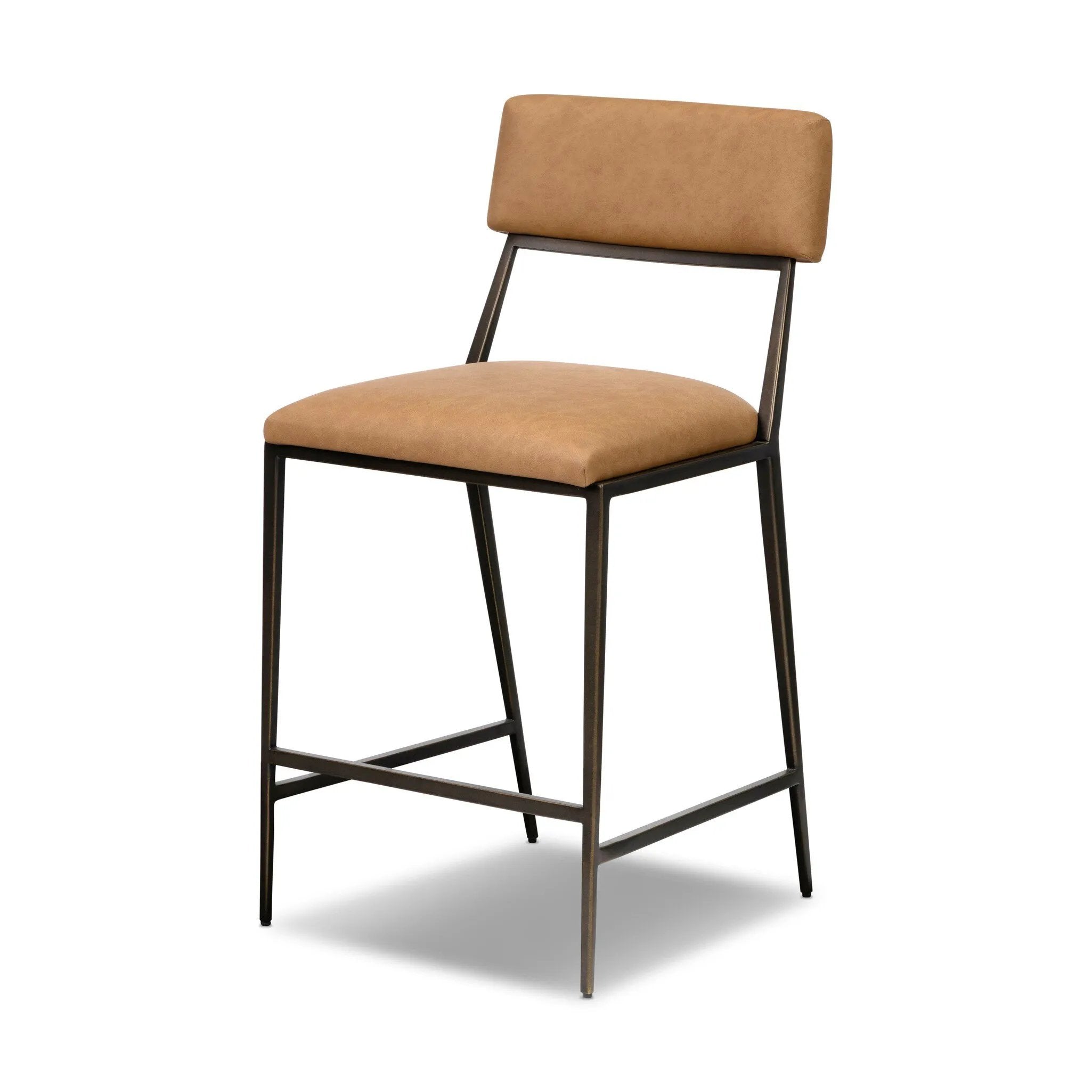 Bring a slim, light look to the dining room. This counter stool pairs camel top-grain leather and bronzed iron to craft a simple, airy look. A tapered leg and decorative handle on the back elevate the look.As fans of organic modern materials at Amethyst, we love the optimistic inspired Somerson Stool - Counter. Amethyst Home provides interior design, new home construction design consulting, vintage area rugs, and lighting in the Alpharetta metro area.