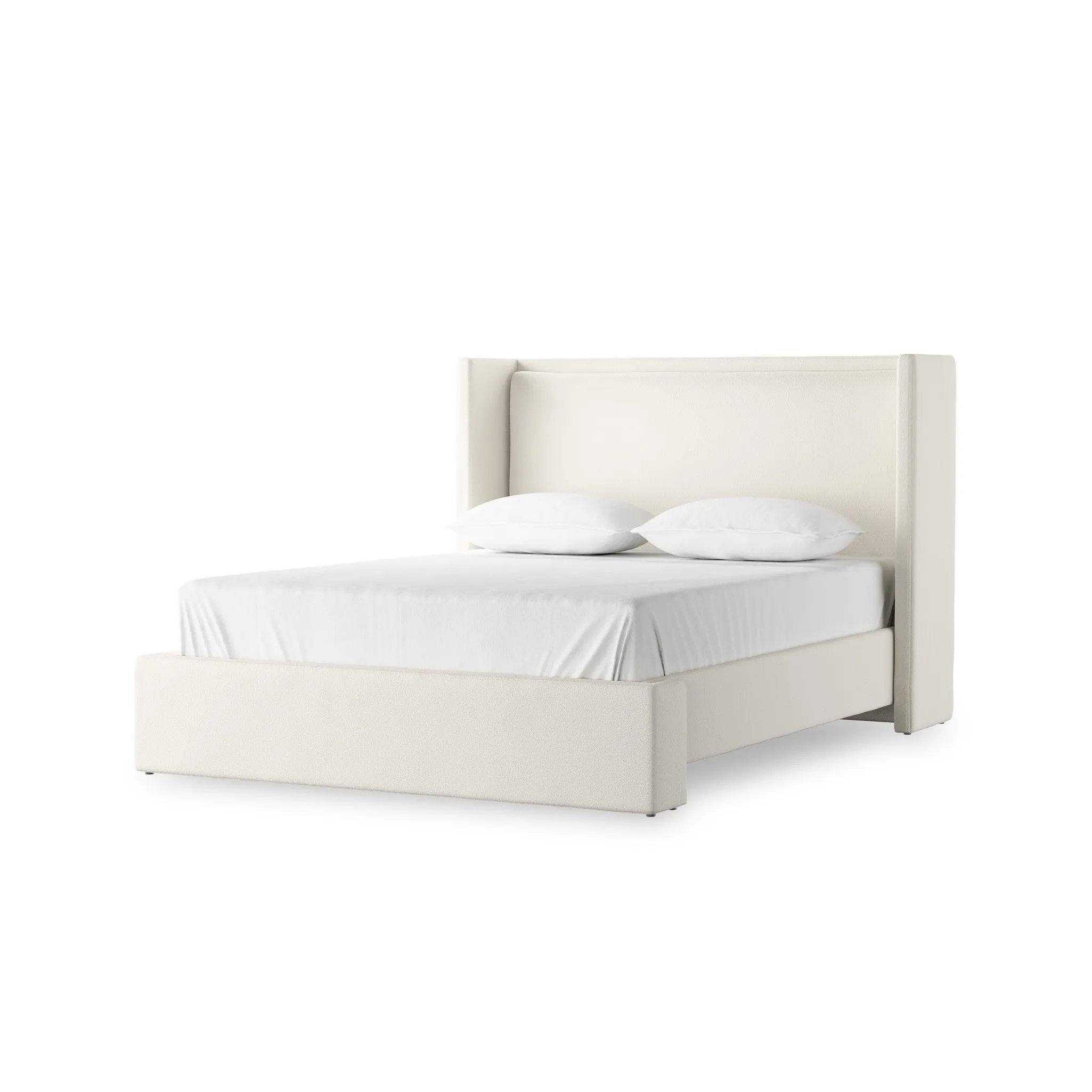 A shorter wingspan and geometric cutouts define this modern-day shelter wingback bed, designed for comfort from every angle. Upholstered in a cream fabric with subtle texture and a soft hand Amethyst Home provides interior design, new home construction design consulting, vintage area rugs, and lighting in the Portland metro area.