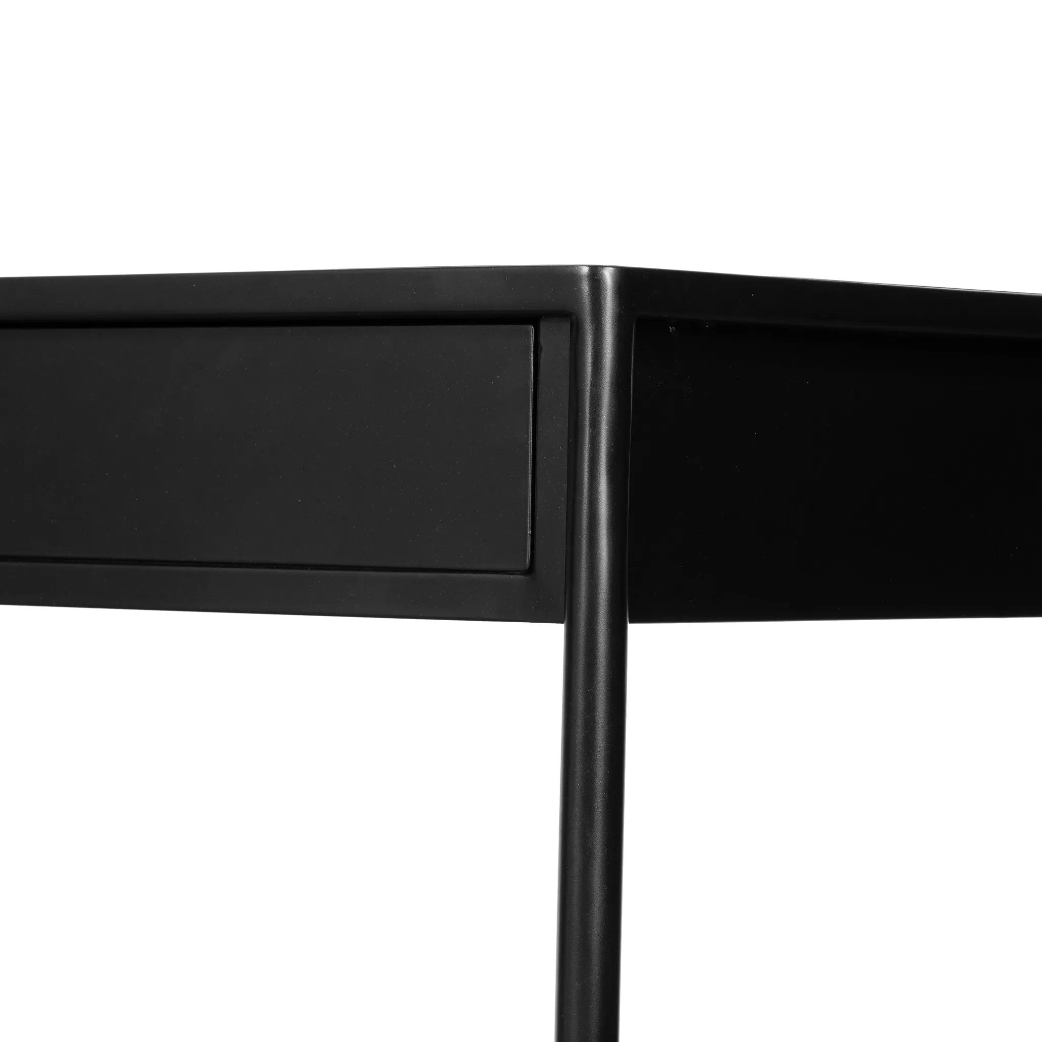 Featuring Soto Black Console Table by Four Hands at Amethyst Home. Bring a softened industrial look to the media room, dining space or entryway with a simple black-finished iron console table featuring bronzed iron hardware for modernity. Dual drawers and lower shelving add bonus storage space.Overall Dimensions: 57.00"w x 17.00"d x 30.00"hWeight : 84.88 lbsM. Amethyst Home provides interior design, new home construction design consulting, vintage area rugs, and lighting in the Houston metro area.