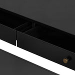 Featuring Soto Black Console Table by Four Hands at Amethyst Home. Bring a softened industrial look to the media room, dining space or entryway with a simple black-finished iron console table featuring bronzed iron hardware for modernity. Dual drawers and lower shelving add bonus storage space.Overall Dimensions: 57.00"w x 17.00"d x 30.00"hWeight : 84.88 . Amethyst Home provides interior design, new home construction design consulting, vintage area rugs, and lighting in the Kansas City metro area.