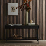 Featuring Soto Black Console Table by Four Hands at Amethyst Home. Bring a softened industrial look to the media room, dining space or entryway with a simple black-finished iron console table featuring bronzed iron hardware for modernity. Dual drawers and lower shelving add bonus storage space.Overall Dimensions: 57.00"w x 17.00"d x 30.00"hWeight : 84.88 l. Amethyst Home provides interior design, new home construction design consulting, vintage area rugs, and lighting in the Scottsdale metro area.