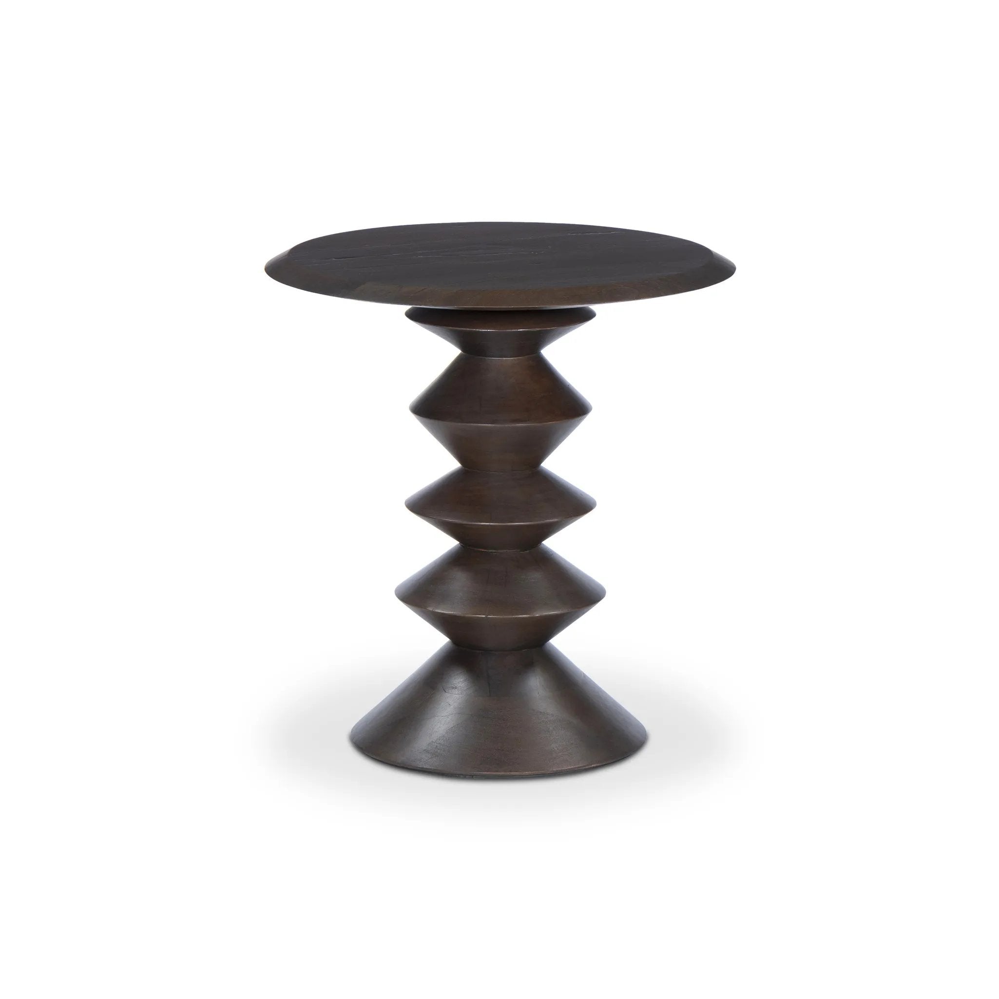 Inspired by Romanian sculptor and painter Br?ncu?i, this side table of mixed reclaimed woods doubles as art with its sculptural lathe base Amethyst Home provides interior design, new home construction design consulting, vintage area rugs, and lighting in the Boston metro area.