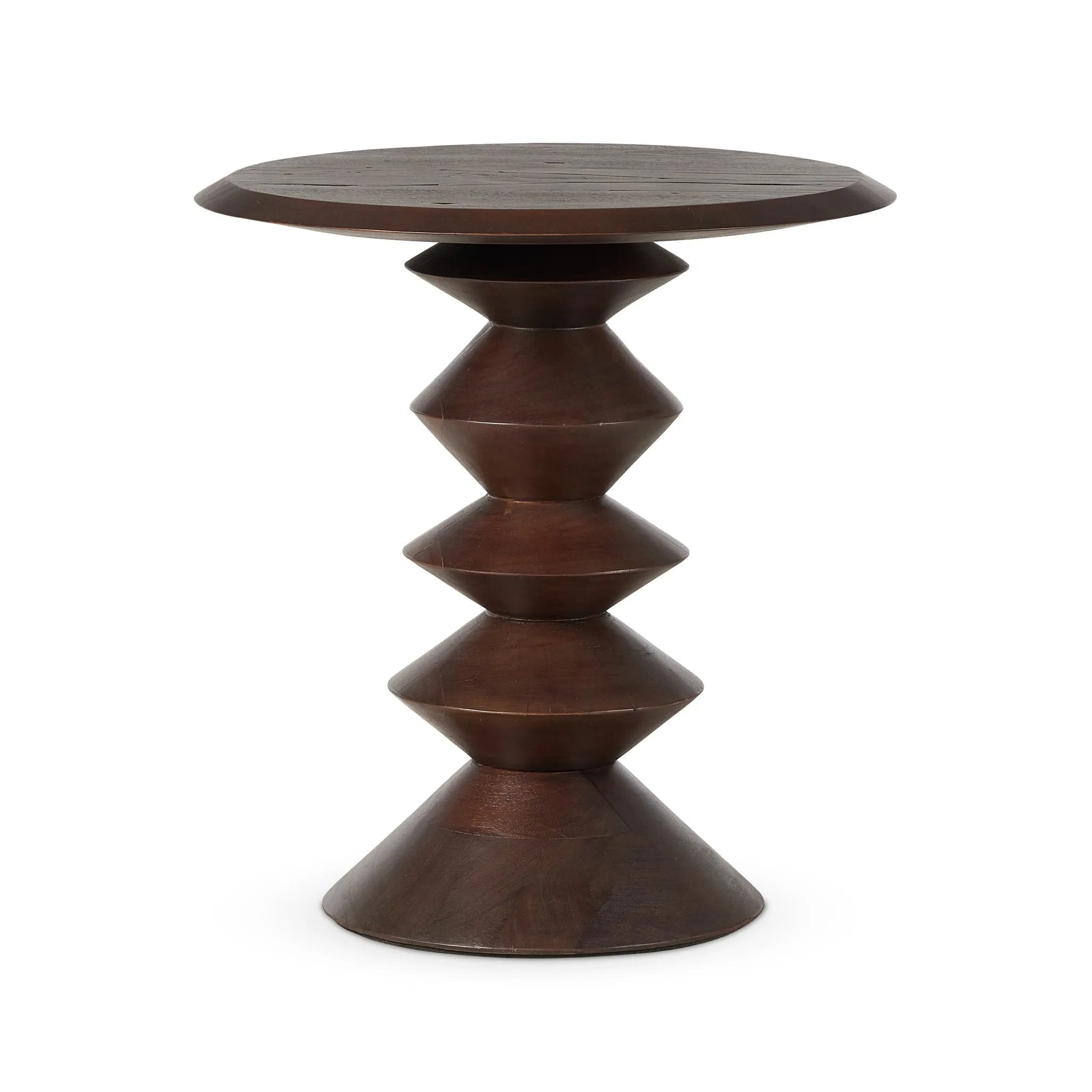 Inspired by Romanian sculptor and painter Br?ncu?i, this side table of mixed reclaimed woods doubles as art with its sculptural lathe base Amethyst Home provides interior design, new home construction design consulting, vintage area rugs, and lighting in the Los Angeles metro area.