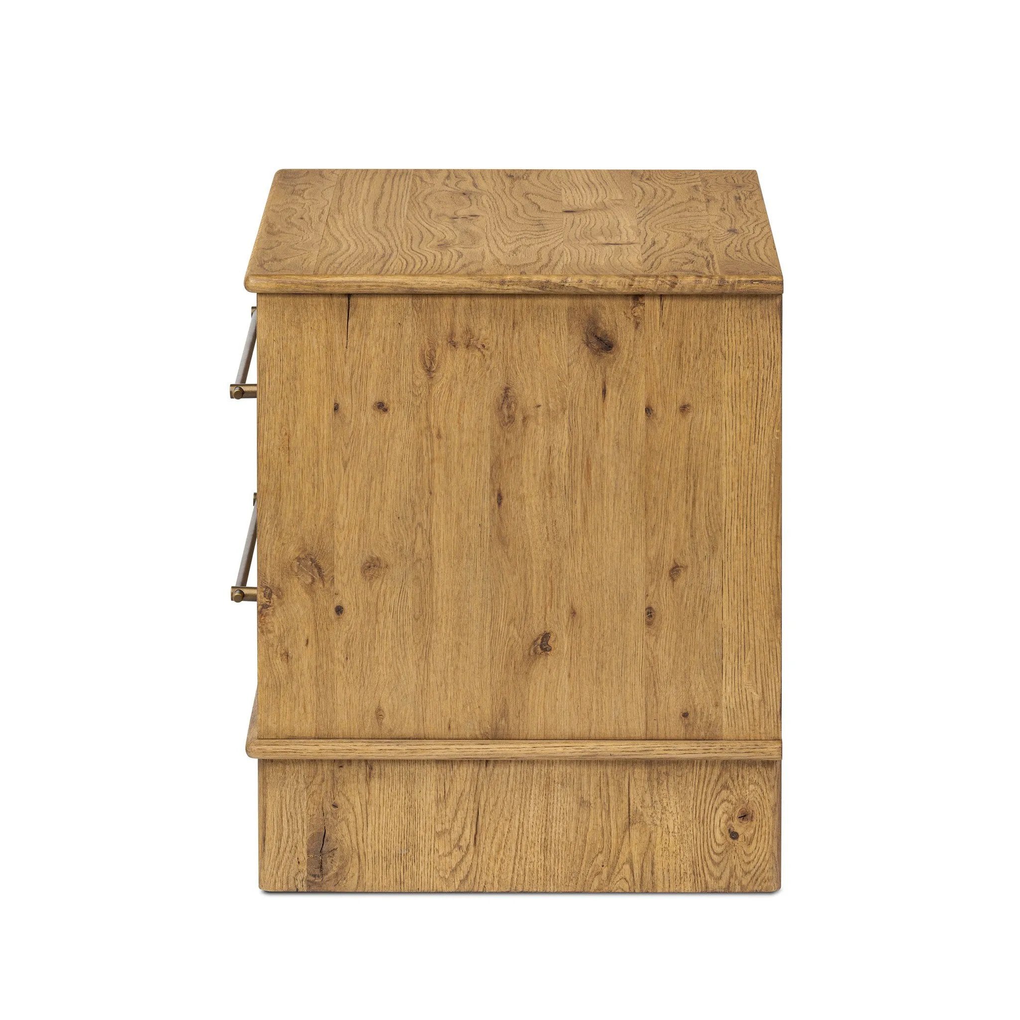 Featuring Stella Hazel Oak Veneer Nightstand by Four Hands at Amethyst Home. Bring a Nordic-inspired look to your bedroom styling. A spacious two-drawer nightstand of thick, grain-rich oak veneer encases drawer fronts covered with tan top-grain leather exclusive to Four Hands. Finished out with long, linear iron hardware. Overall Dimensions: 28.00"w x 19.5. Amethyst Home provides interior design, new home construction design consulting, vintage area rugs, and lighting in the Des Moines metro area.