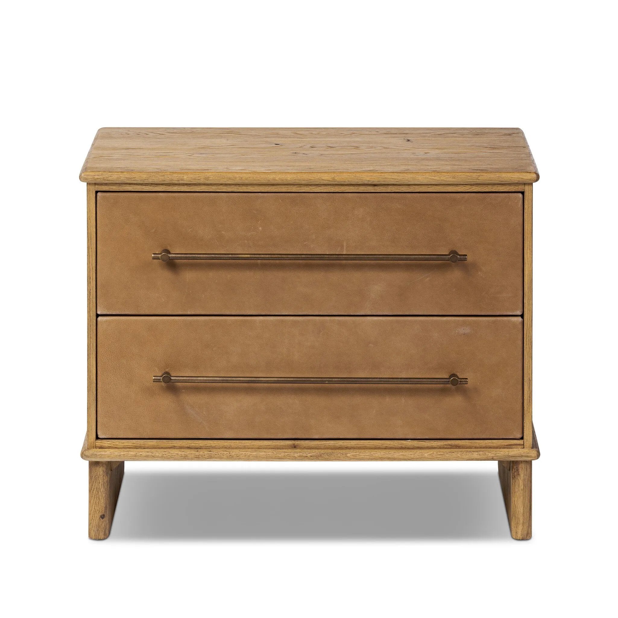 Bring a Nordic-inspired look to your bedroom styling. A spacious two-drawer nightstand of thick, grain-rich oak veneer encases drawer fronts covered with tan top-grain leather exclusive to Four Hands. Finished out with long, linear iron hardware Amethyst Home provides interior design, new home construction design consulting, vintage area rugs, and lighting in the Nashville metro area.