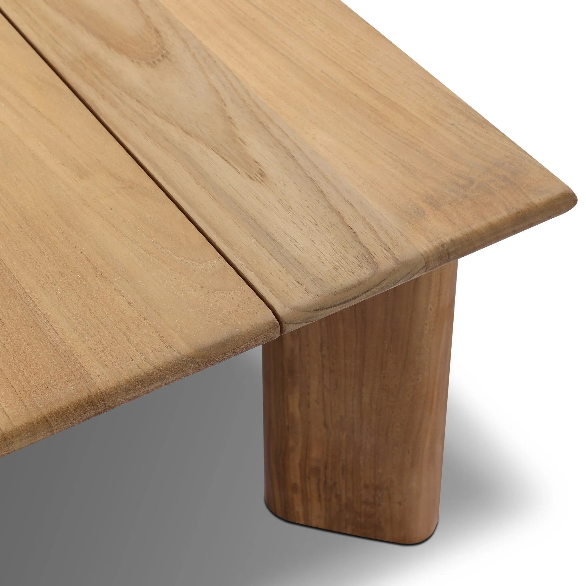 Grade A teak is fine sanded into a soft, unfinished look that highlights the wood's natural grain, finished with rounded legs that angle inward. Topped with slatted panels. Cover or store inside during inclement weather and when not in use. Amethyst Home provides interior design, new home construction design consulting, vintage area rugs, and lighting in the Laguna Beach metro area.
