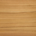 Grade A teak is fine sanded into a soft, unfinished look that highlights the wood's natural grain, finished with rounded legs that angle inward. Topped with neutral travertine stone for a blend of materials. Cover or store inside during inclement weather and when not in use. Amethyst Home provides interior design, new home construction design consulting, vintage area rugs, and lighting in the Monterey metro area.