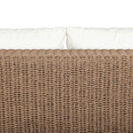 Elevate your outdoors. A wide-format outdoor sofa features a faux hyacinth frame and plinth base. Linear details and a boxy silhouette make this piece truly timeless, while knife-edge back cushions soften the whole look. Upholstered in 100% olefin, known for its UV-resistant, water-repellent and quick-drying abilities. Amethyst Home provides interior design, new home construction design consulting, vintage area rugs, and lighting in the Monterey metro area.