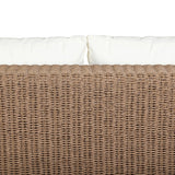 Elevate your outdoors. A wide-format outdoor sofa features a faux hyacinth frame and plinth base. Linear details and a boxy silhouette make this piece truly timeless, while knife-edge back cushions soften the whole look. Upholstered in 100% olefin, known for its UV-resistant, water-repellent and quick-drying abilities. Amethyst Home provides interior design, new home construction design consulting, vintage area rugs, and lighting in the Monterey metro area.