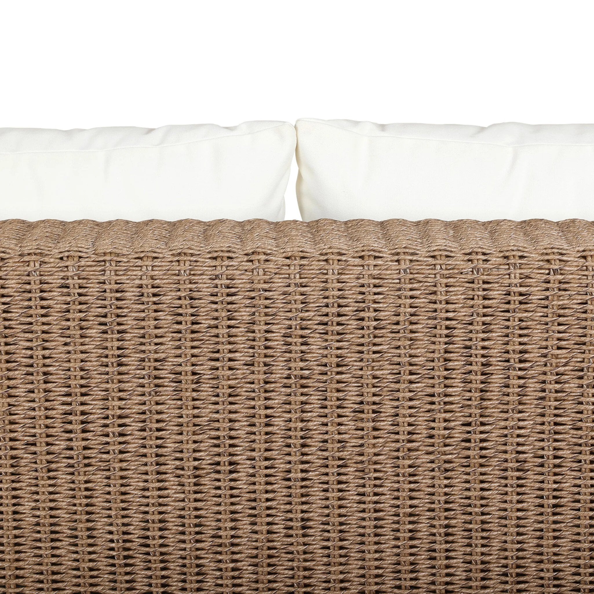 Elevate your outdoors. A wide-format outdoor sofa features a faux hyacinth frame and plinth base. Linear details and a boxy silhouette make this piece truly timeless, while knife-edge back cushions soften the whole look. Upholstered in 100% olefin, known for its UV-resistant, water-repellent and quick-drying abilities. Amethyst Home provides interior design, new home construction design consulting, vintage area rugs, and lighting in the Monterey metro area.