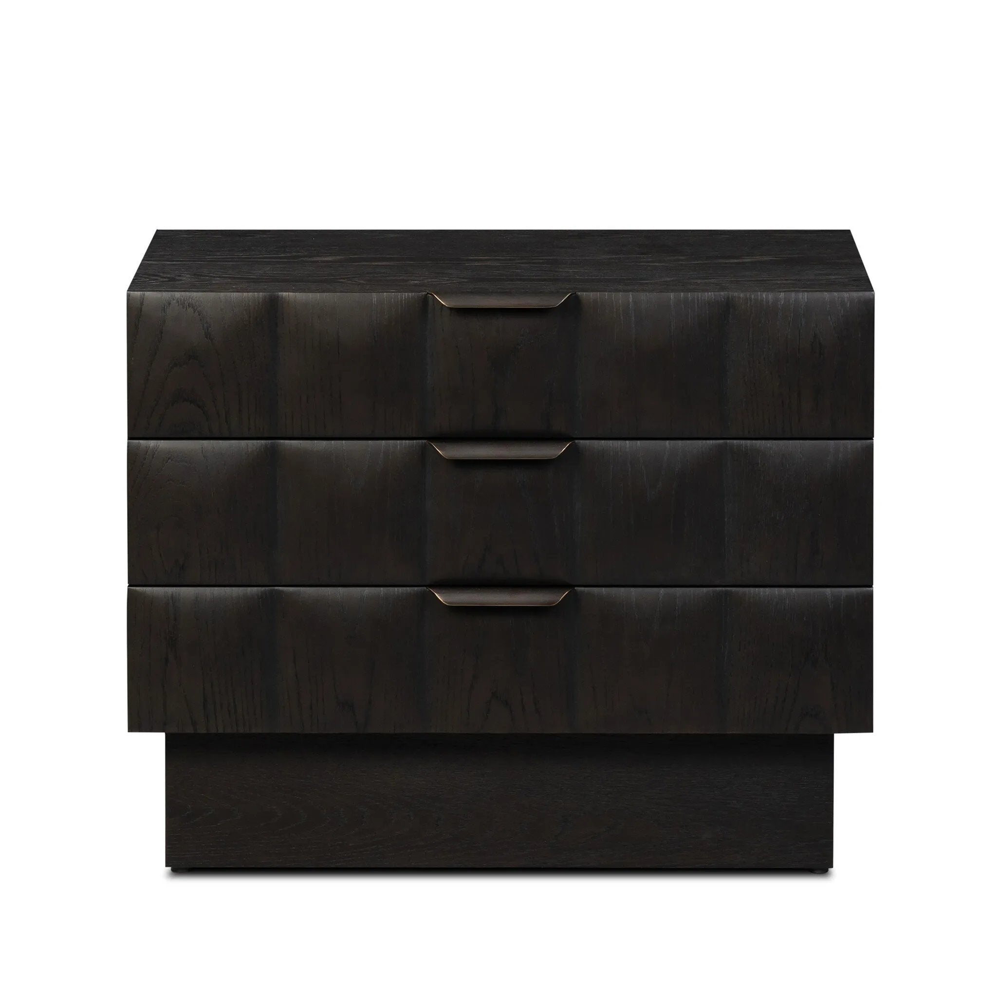 A softened Brutalist take on the traditional nightstand. The monolithic piece’s black oak veneer case sits atop a matching pedestal for an element of exaggeration. A grid pattern with inflated volume adds drama.As enthusiasts of luxe materials at Amethyst, we love the warm modern inspired Swell Nightstand - Dry Black Oak Veneer. Amethyst Home provides interior design, new home construction design consulting, vintage area rugs, and lighting in the Scottsdale metro area.