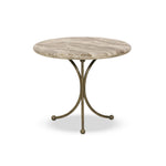 Hammered aged brass forms a tulip-shaped base with ball details for a design-forward touch. Bullnose edges on a rounded fossil marble tabletop soften the whole look Amethyst Home provides interior design, new home construction design consulting, vintage area rugs, and lighting in the Boston metro area.