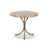 Hammered aged brass forms a tulip-shaped base with ball details for a design-forward touch. Bullnose edges on a rounded fossil marble tabletop soften the whole look Amethyst Home provides interior design, new home construction design consulting, vintage area rugs, and lighting in the Boston metro area.