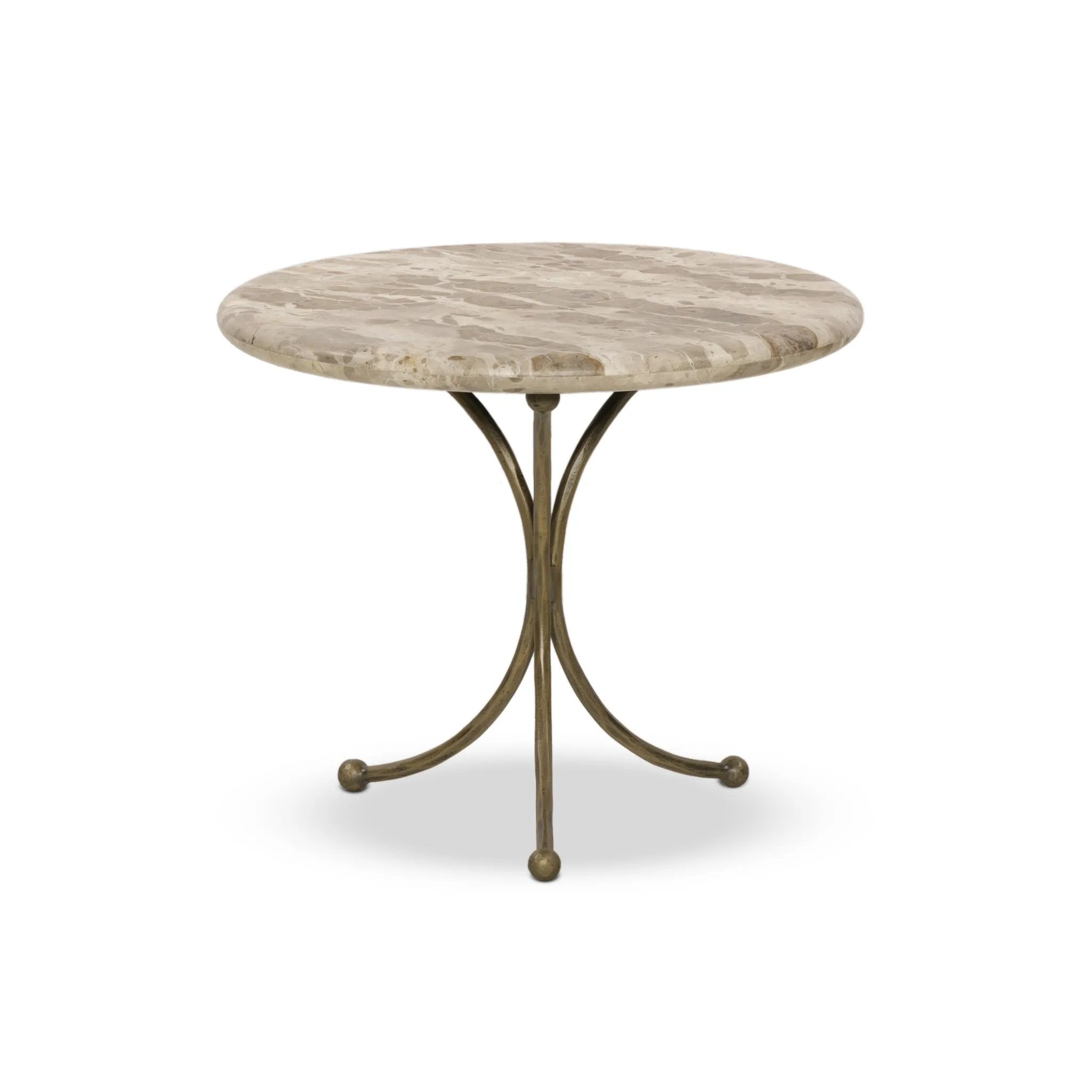 Hammered aged brass forms a tulip-shaped base with ball details for a design-forward touch. Bullnose edges on a rounded fossil marble tabletop soften the whole look Amethyst Home provides interior design, new home construction design consulting, vintage area rugs, and lighting in the Boston metro area.