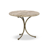 Hammered aged brass forms a tulip-shaped base with ball details for a design-forward touch. Bullnose edges on a rounded fossil marble tabletop soften the whole look Amethyst Home provides interior design, new home construction design consulting, vintage area rugs, and lighting in the Charlotte metro area.