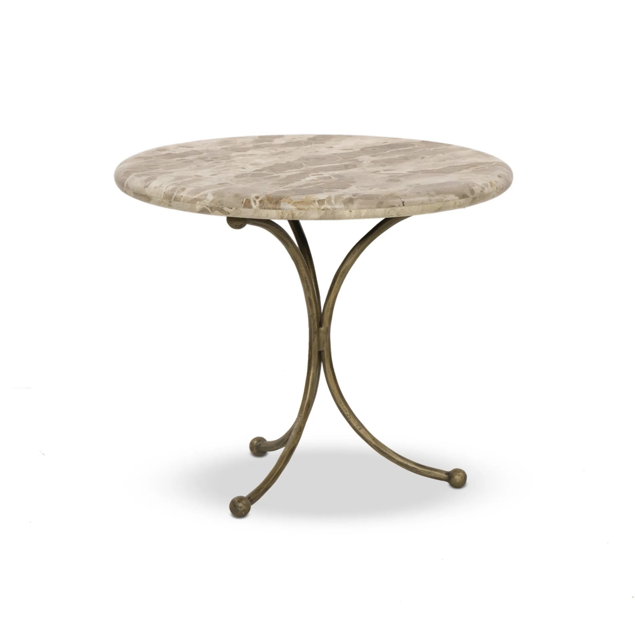 Hammered aged brass forms a tulip-shaped base with ball details for a design-forward touch. Bullnose edges on a rounded fossil marble tabletop soften the whole look Amethyst Home provides interior design, new home construction design consulting, vintage area rugs, and lighting in the Charlotte metro area.