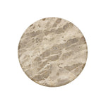 Hammered aged brass forms a tulip-shaped base with ball details for a design-forward touch. Bullnose edges on a rounded fossil marble tabletop soften the whole look Amethyst Home provides interior design, new home construction design consulting, vintage area rugs, and lighting in the Laguna Beach metro area.