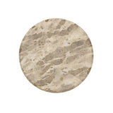 Hammered aged brass forms a tulip-shaped base with ball details for a design-forward touch. Bullnose edges on a rounded fossil marble tabletop soften the whole look Amethyst Home provides interior design, new home construction design consulting, vintage area rugs, and lighting in the Laguna Beach metro area.