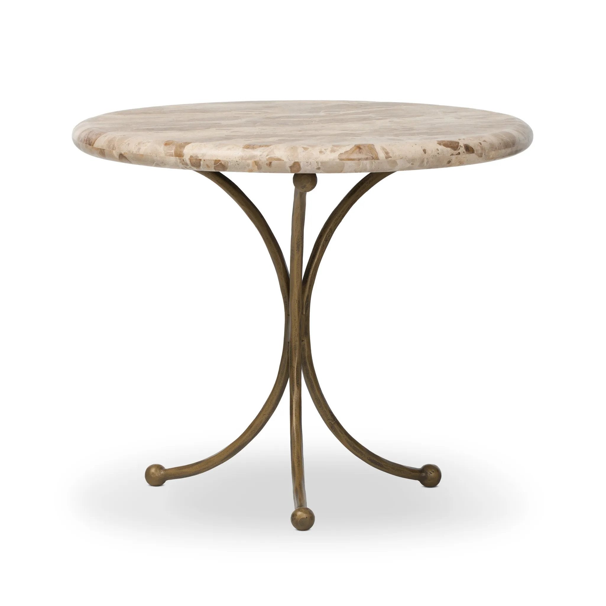 Hammered aged brass forms a tulip-shaped base with ball details for a design-forward touch. Bullnose edges on a rounded fossil marble tabletop soften the whole look Amethyst Home provides interior design, new home construction design consulting, vintage area rugs, and lighting in the Miami metro area.